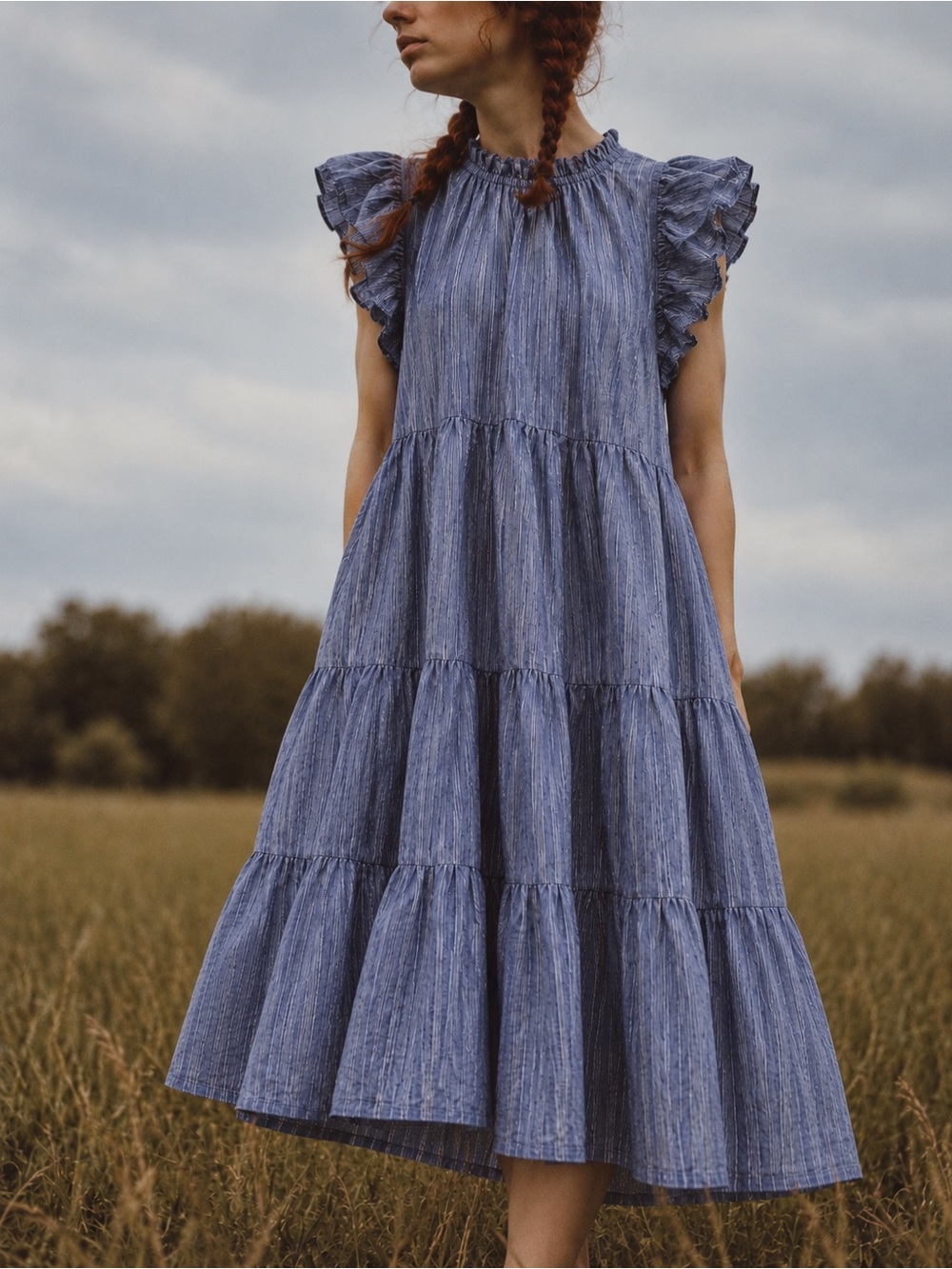 PINCH Blue Cotton Linen Blend Tiered Maxi Dress Ruffle Sleeve Size S